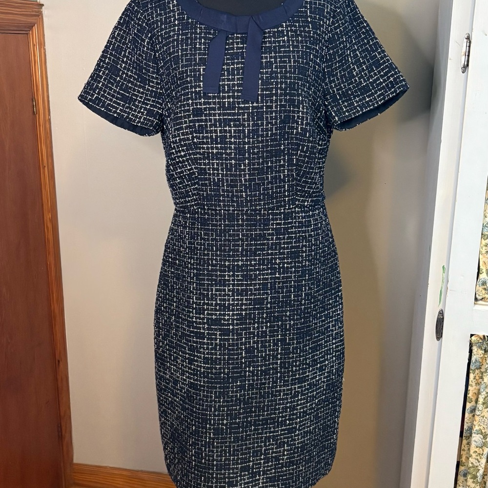 J. Crew Navy and White Tweed Midi Dress